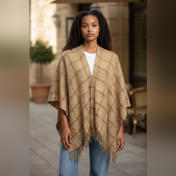 Modena Accessories - Modena Wrap Womens One Size Tan Window Pane Check Fringed Poncho Ruana